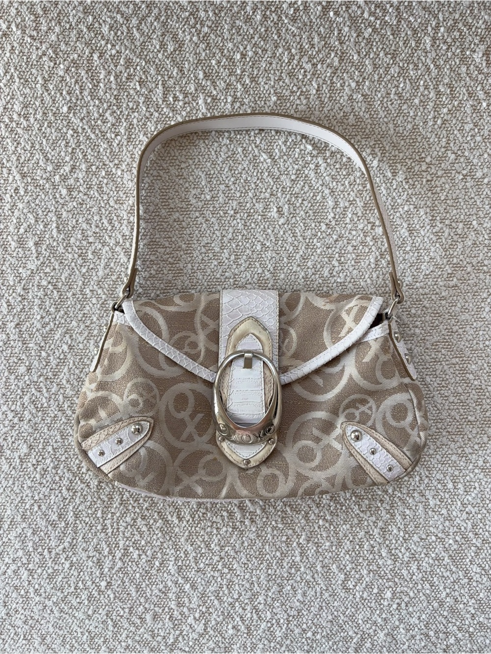 XOXO Y2K Monogram Shoulder Bag Beige White Silver Buckle Logo Baguette Purse